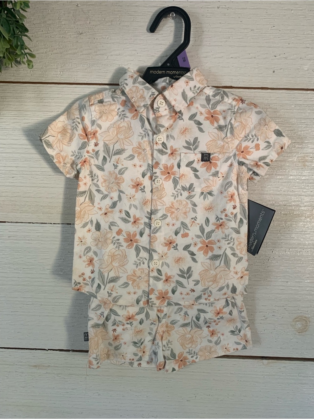 *NEW* Gerber Off White Short Sleeve Button-Down Shirt with Peach Floral Print.
